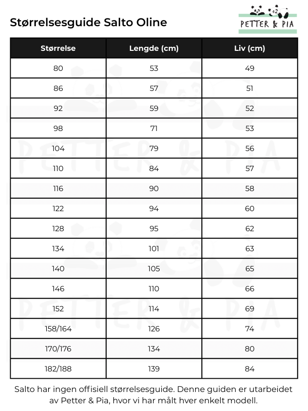 Størrelsesguide Salto Oline festdrakt