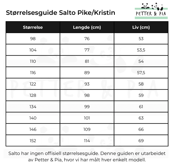 Størrelsesguide Salto Pike & Kristin festdrakt